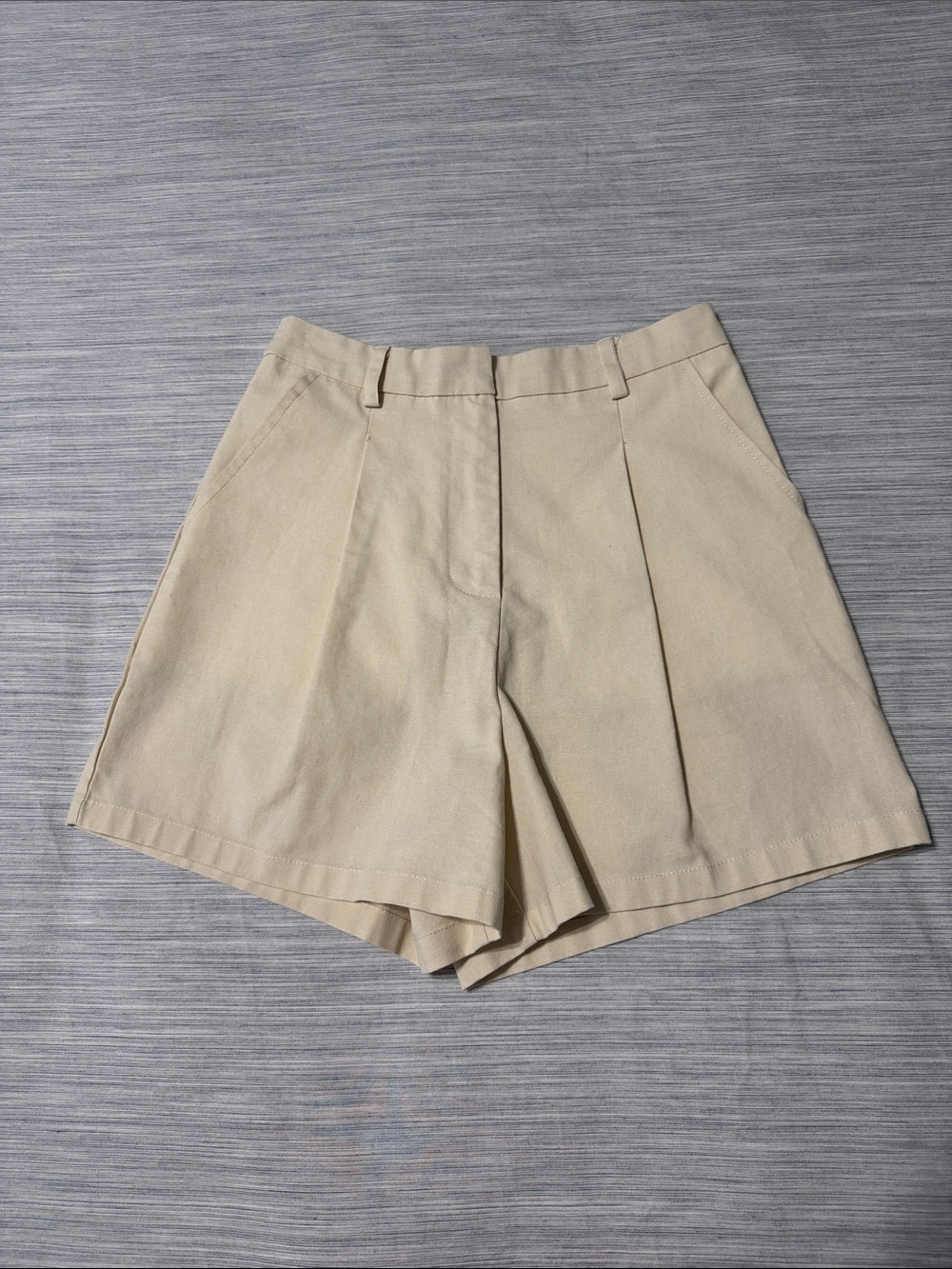 High Waisted Pleated Tailored Shorts Beige Tan Extra Small XS